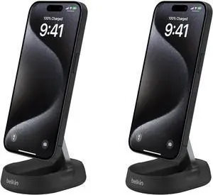 Belkin Convertible Magnetic Charging Stand 15W - MagSafe-Compatible Qi2-Certified Wireless Charging Station, iPhone Charger for Apple iPhone 16 Series, Airpods Pro, & More, No PSU - Black (2-Pack)