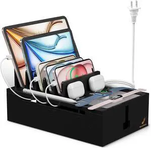 Pezin & Hulin Bamboo Charging Station for Multiple Devices, Charger Dock with 10-Port USB Charger and 6 Cables, Desktop Devices Organizer for Cell Phone, Tablets and More (Black, Large)