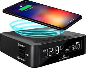 Marathon Wireless Fast Dual Charging Clock | Colour LED Digital Display with Alarm Clock | Qi Wireless Charging and USB Port Phone Charger | A/C Power and Battery Backup (Black)