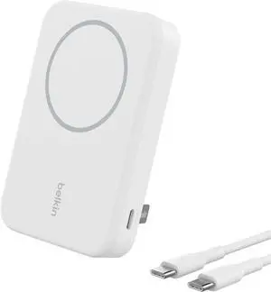 Belkin BoostCharge Pro 8000mAh Wireless Powerbank with Qi2, MagSafe Compatible Charger + Folding Stand - for iPhone 16, 16 Plus, 16 Pro, 16 Pro Max, iPhone 15 and More - White