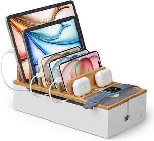 Pezin & Hulin Bamboo Charging Station for Multiple Devices, Charger Dock Holder Stand for Cell Phone and Tablet, Electronic Devices Organizer, 6 USB Cables (Natural+White (No Charger)