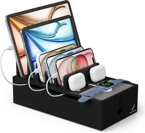 Pezin & Hulin Bamboo Charging Station for Multiple Devices, Charger Dock Holder Stand for Cell Phone and Tablet, Electronic Devices Organizer, 6 USB Cables No Charger Black