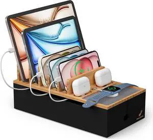 Pezin & Hulin Cord Organizer Box, Surge Protector Organizer, Device Charger Station for Phones & Tablets, Wood Charging Dock -with 6 Wire Cables, BUT NO Power Supply - Natural + Black