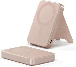 Satechi OntheGo Power Bank, Qi2 Power Bank 10000mAh, 15W Fast Charging, Portable Battery Pack with Stand for iPhone & Android  Desert Rose