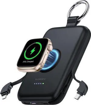 RORRY Portable Charger, 10000mAh PD 20W Fast Charging Portable Charger Power Bank with Built in Cables, Travel Battery Pack for iPhone 16/15/14/13/12/11 and Apple Watch Ultra/10/9/8/7/6/5/4/3, Black