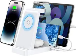 Wireless Charger for iPhone - 5 in 1 Charging Station for Multiple Devices Apple: Fast Wireless Charging Stand Dock for iPhone 16e 16 15 14 13 12 Pro Max Apple Watch Airpods(White)