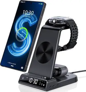 Wireless Charger for Samsung Charging Station with Clock for Samsung Galaxy S25 Ultra/S24 Ultra/Z Flip 6/5/Fold 5/Bud, 3 in 1 Android Charging Station, Watch Charger for Samsung Galaxy Watch 7/6/5Pro