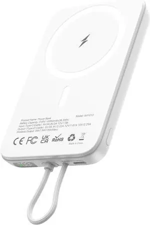 AsperX Magnetic Power Bank, 10,000mAh Wireless Portable Charger with 15W Max Fast Charging, Battery Pack with USB-C Cable for iPhone 16/15 Series, AirPods, and More, White