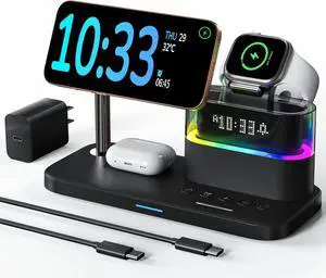 5 in 1 Wireless Charging Station for  Mag-Safe Charger with Alarm Clock Night Light for Multiple Devices Nightstand Charging Station for iPhone 17/16/15/14/13/12  Watch Series Air-Pods