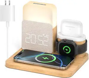 Alarm Clock Charging Station for Bedrooms 7 in 1 Wireless Charging Station Charger with Night Light Bedside Clock for iPhone 16 15 14 13 12 Pro Max  Watch AirPods