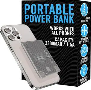 AquaVault ChargeCard  Ultra Slim Emergency Power Bank (2300mAh)  Fits in Wallet  USB-C & Micro-USB  Durable Steel Body  Flight-Safe Pocket Charger for iPhone 16/15/14/13/12, Android - (Platinum)