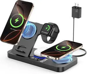 2025 Upgrade Wireless Charger 6 in 1 Charging Station 30W Wireless Charger with Clock & 7-Color Night Light Dual Phone Charger for iPhone 16/ Galaxy for AirPods for  Watch