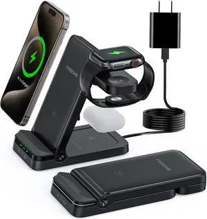 Wireless Charger, Tribone 3 in 1 Foldable Fast Charger for iPhone 16 15 14 13 12 11 Pro Max XR XS 8 Plus,for Multiple Devicesfor Apple Watch 10 9 8 7 6 5 4 3 2 SE Ultra,for AirPods Pro 4 3 2, Black