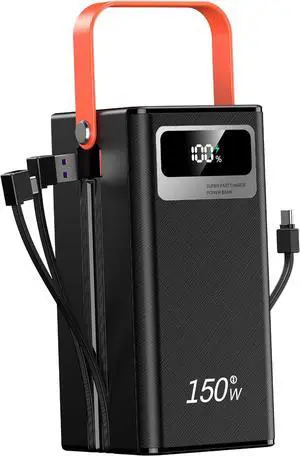 100000mAh Power Bank, 150W Fast Charging Portable Charger, with LED Light, with Built-in Cables, 4 Outputs & 3 Inputs, Rechargeable Portable Power Supply for Cell Phones, Wireless Headphones