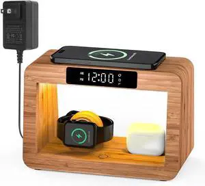 Bamboo Wireless Charging Station Night Light with Digital Alarm Clock Nightstand Charging Station for  Devices Fast Wireless Charger for iPhone/ Watch/
