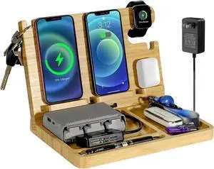 Nightstand Charging Station, 27W Fast Charging Wireless Charger Stand for iPhone/iWatch/Airpod/Samsung, Bamboo Phone Docking Station for Multi Devices, Desk Nightstand Organizer Gifts for Men