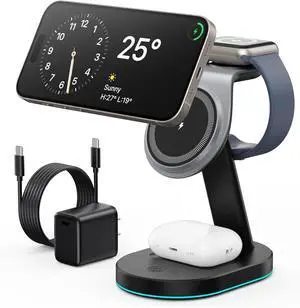 3 in 1 Wireless Charger Charging Station for iPhone Qi2 Certified 15W Magnetic Charging Stand for Mag-Safe with 30W USB C Adapter&Friendly Night Light for iPhone 16/15/14/13/12  Watch AirPods