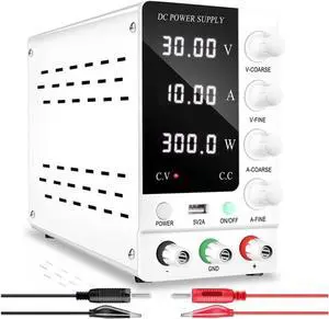 Adjustable DC Power Supply 30V 10A Lab Power Supply Adjustable 4 Digits Voltage Regulator Stabilizer USB(30V 10A 300W White)