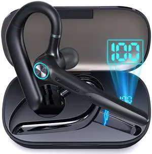 Eumspo Bluetooth Wireless Headset  60-Hour Battery Life, Dual-Mic Noise Canceling, 400 mAh LED Charging Case  Black Business/Trucker Earpiece.