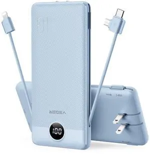 Portable Charger for iPhone Built in Cables and Wall Plug, 10000mah Slim Fast Charging USB C Power Bank, Travel Essential Battery Pack Compatible with iPhones, iPad, Samsung More Devices(Blue)
