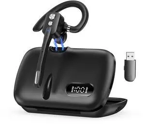 Bluetooth Headset  Single-Ear V5.3 Wireless Earpiece with Dual-Mic Noise Canceling, Mute Button & Hands-Free Calling for Business, Remote Work, iOS & Android (Black).