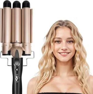 _Mega Brand 3 Jumbo Barrel Curling Iron Wand  22mm Hair Waver with Ceramic Barrel, Temperature Adjustable, Big Waves, Long or Short Hair  Gold