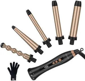 _Mega Brand 5-in-1 Curling Wand Set  11 Temp Settings, Interchangeable Tourmaline Ceramic Barrels, Hair Wand for All Hair Types  Brown