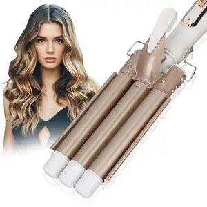 _Mega Brand 1 inch Ceramic Tourmaline Triple Barrel Curling Iron  3 Barrel Hair Waver, 5 Adjustable Temps, Dual Voltage, Hair Crimper for Women & Girls  Gold