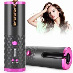 _Mega Brand Portable Automatic Hair Curler, Ceramic Rotating Wireless Auto Curling Iron Wand, USB Rechargeable Spin Curler for Hair Styling - Black