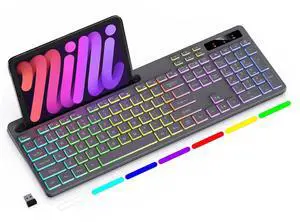 _Mega Brand Wireless RGB Gaming Keyboard  7-Color LED Backlit, Full-Size 104-Key, Rechargeable 2.4 GHz, Detachable Phone/Tablet Stand, Grey | Works with Mac, Windows, PC, Laptop, PS5/PS4, Smart TV