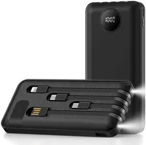 _Mega Brand 20000mAh Power Bank for iPhone, Portable Charger with 4 Built-in Cables, Battery Pack with LED Display&Flashlight,Phone Charger for Travel,Compatible iPhone Android Samsung Devices (Black)