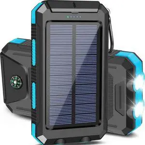 _Mega Brand 20000mAh Solar Charger for Cell Phone iPhone, Portable Solar Power Bank with Dual 5V USB Ports, 2 LED Light Flashlight, Compass Battery Pack for Outdoor Camping Hiking (Blue)