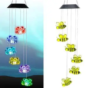 _Mega Brand 33.5in Bee Wind Chime, Color Changing Mobile 6-LED Solar Wind Chime Outdoor Mobile Hanging Patio Light, Porch, Deck, Garden Decor