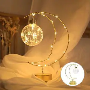 _Mega Brand Enchanted Iron Art Lunar Lamp, Moon & Bulb Ramadan Desk Lamp, Battery & USB Powered, LED Winding Iron Frame Decorative Table Lamp for Nightstand/Bedroom Decor