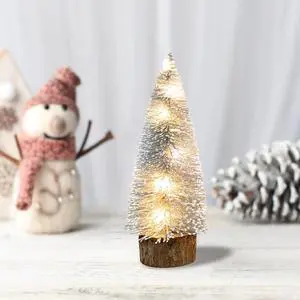 _Mega Brand Pre-lit Small Christmas Tree,Miniature Pine Trees Sisal Trees Mini Xmas Tree Mini Pine Tree Multi-Color LED Lights Tabletop Christmas Tree with Wooden Base for Christmas Decorations