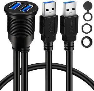 _Mega Brand 2 Ports Dual USB 3.0 Male to USB 3.0 Female AUX Flush Mount Car Mount Extension Cable for Car Truck Boat Motorcycle Dashboard Panel 1ft