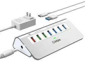 _Mega Brand Powered USB Hub 10Gbps, Aluminum 7 Port USB 3.2 Data Hub with 4 USB 3.2 Gen 2 Ports, 3 Fast Charging Ports, 30W Power Adapter, Type A & C Cable for Mac, PC, Laptop