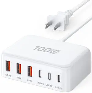 _Mega Brand USB C Fast Charger, 100W GaN 6 Port Type C Charging Station Hub Block Cube, USB C Wall Charger Power Strip Adapter Plug for iPad iPhone 16 15 14 13 12 Pro Max Pixel Note Galaxy, 5ft Cord