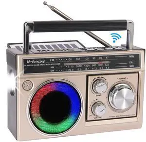 _Mega Brand Radios Portable AM FM,Retro Portable Radio with Bluetooth Speaker and Flashlight,Strong Reception with Colorful Mood Lights,TF Card, Solar/Battery/AC Rechargeable for Gift,Elder,Home,Gold