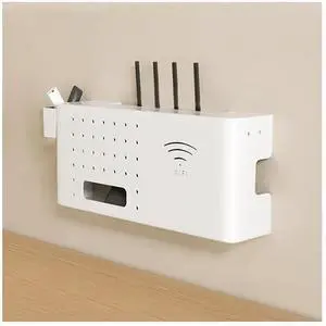 _Mega Brand WiFi Router Storage Box Wall Shelf, Living Room Wall-Mounted WiFi Storage Box with 1 Small Box, Router Organizer for Storage Routers, Wires, TV Set-Top Boxes (White)