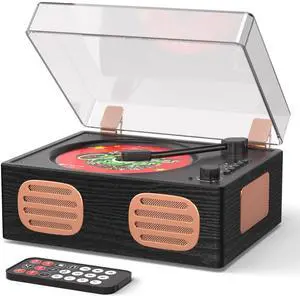 _Mega Brand Portable Retro CD Player with Bluetooth and Dual HiFi Speakers, LED Screen, Desktop Vintage Wooden CD Music Player for Home, Dust Cover, Remote Control, AUX/USB Playback, Black Rose Gold