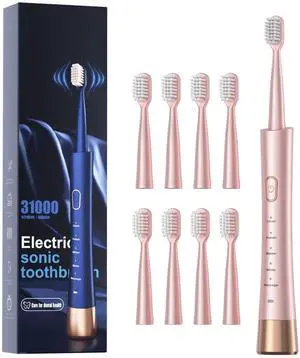 _Mega Brand Sonic Electric Toothbrush for Adults, USB Rechargeable Sonic Toothbrush with 8 Brush Heads, Smart Timer, 5 Modes, 2-Hour Fast Charge Last 30 Days, Pink