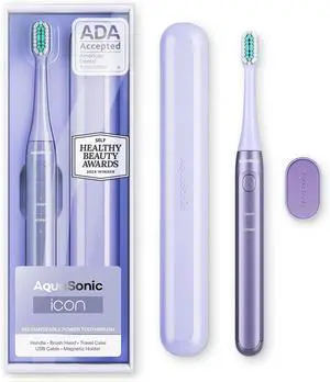 _Mega Brand Icon ADA-Accepted Rechargeable Toothbrush | Magnetic Holder & Slim Travel Case | 2 Brushing Modes & Smart Timers | Gentle Micro-Vibrations (Lilac)