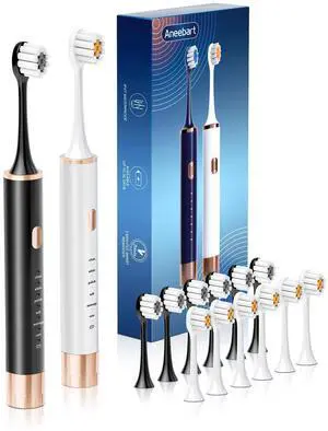 _Mega Brand Sonic 2 Pack Electric Toothbrush for Adults and Kids, Travel Toothbrush Includes 12 Replacement Toothbrush Heads, 6 Modes with 2 MIN Smart Timer (Black White)