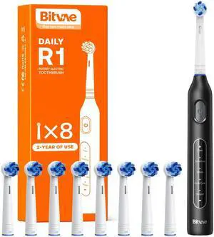 _Mega Brand R1 Rotating Electric Toothbrush with 8 Brush Heads for Adults and Kids, 60-Day Battery Life, 5 Modes Rechargeable Power Toothbrush with 2-Minute Smart Timer, Black