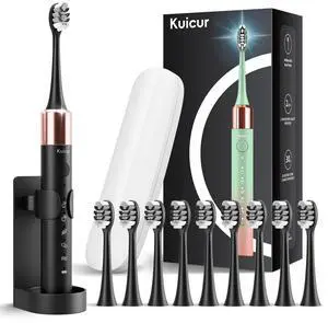 _Mega Brand Sonic Electric Toothbrush for Adults and Kids, Comes with 10 Brush Heads & Travel Case, 5 Modes with 2 Minutes Built in Smart Timer, One Charge for 90 Days, 42,000 VPM Motor (Black)