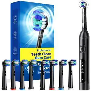 _Mega Brand Rotating Electric Toothbrush for Adults with 8 Brush Heads (2 Types), 4 Modes Deep Clean Electric Toothbrush with Rechargeable Power and 2 Min Smart Timer (1- Black, p1)