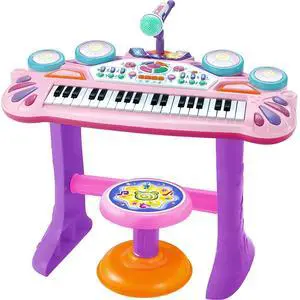 _Mega Brand 37-Key Kids Electronic Piano Keyboard with Multiple Sound Modes, LED Lights, Built-in Microphone & Adjustable Stool - Portable Musical Learning Toy for Beginners (Pink)