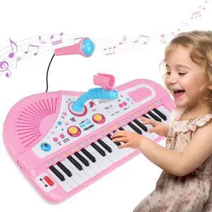 _Mega Brand 37 Keys Piano Toys for Kids, Portable Electronic Musical Instrument with Microphone, Educational Musical Instrument Gift for Boys Girls Aged 3-8, Pink