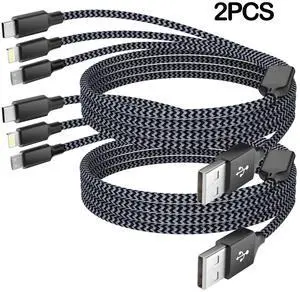 _Mega Brand 3-in-1 USB-C Cell Phone Charger Cord Charging Cable Fast Charge Data Cable 2PCS Black Gray